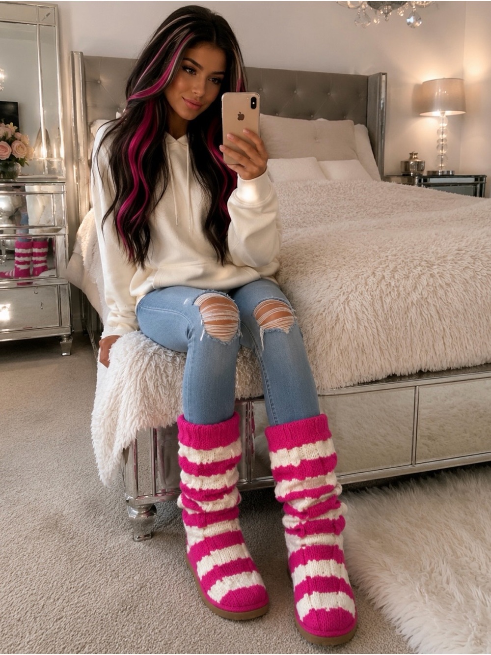 🩷🤍 UGG Striped Cable Knit Pink & White Boots 🤍🩷